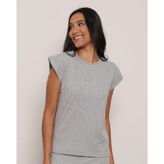 Blusa Feminina Manga Japonesa Canelada Cinza