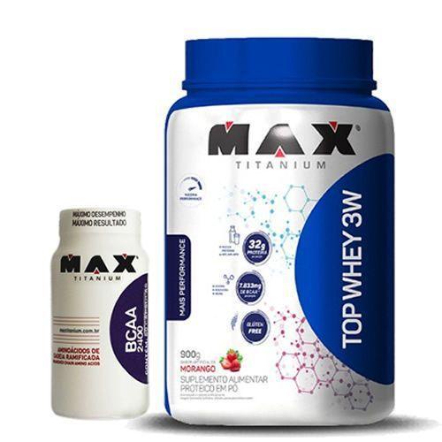 Top Whey 3W – 900g Morango + BCAA 2400 – 60 Cáps – Max Titanium