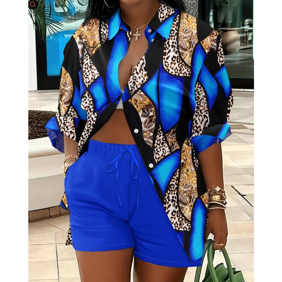 Conjunto De Camisa De Botão Impresso De 2 Peças Feminino Verão 2023 Roupa Feminina Plus Tamanho S-XXXXL