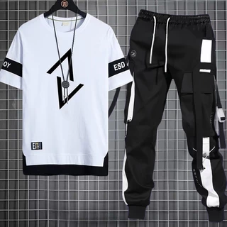 Calça De Carga Masculina Estilo Hip Hop Joggers + Conjunto De Homens Com Camiseta Casual Manga Curta