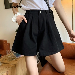 Lovito Casual Shorts Feminino Liso de Cintura Média LNA11031 (Preto)