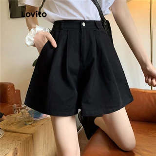 Lovito Casual Shorts Feminino Liso de Cintura Média LNA11031 (Preto)