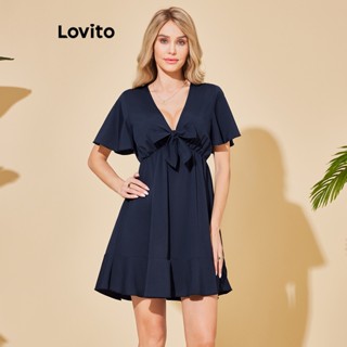 Lovito Vestido Frontal Casual Com Laço Liso Para Mulheres LBL06064 (Azul)
