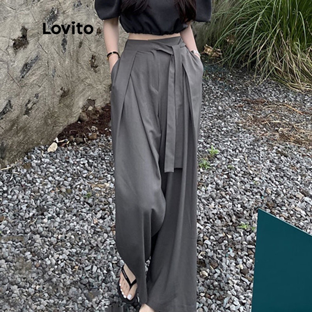 Lovito Calças de Cintura Alta com Pernas Largas e Bolsos para Mulheres LNE09159 (Cinza)