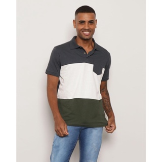 Polo Masculina Manga Curta Com Recortes e Bolso Cinza