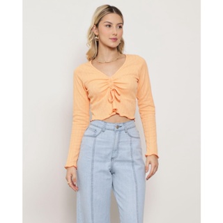 Blusa Cropped Feminina Coulisse Canelada Laranja