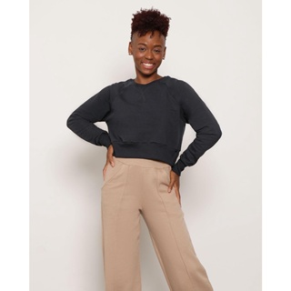 Blusa Moletom Feminina Cropped Manga Longa Preta