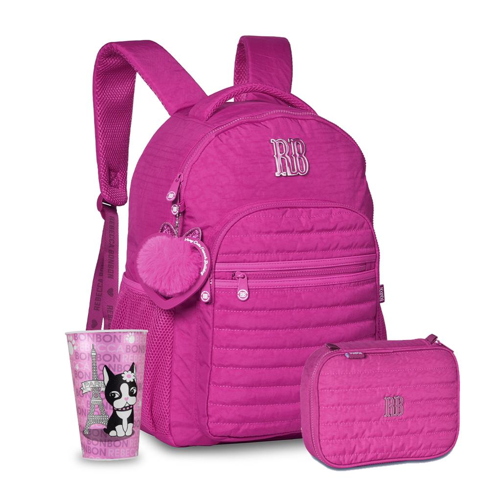 Mochila Escolar Feminina de Gatinha Pink Bolsa+Estojo - Chic