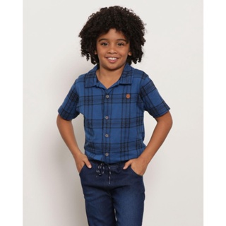 Camisa Infantil Manga Curta Estampada Xadrez Azul