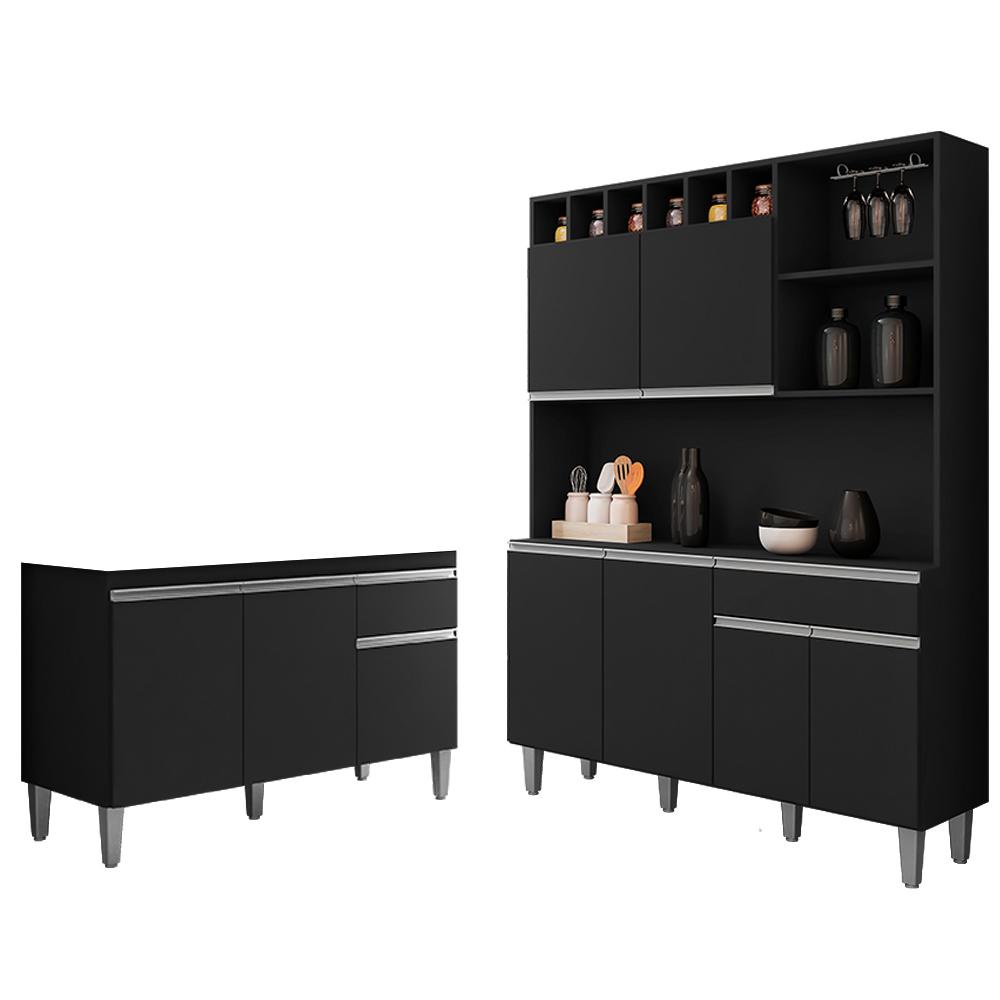Cozinha Compacta Alice e Balcão Gabinete Sem Tampo Tatiane 120cm Preto - AJL Móveis