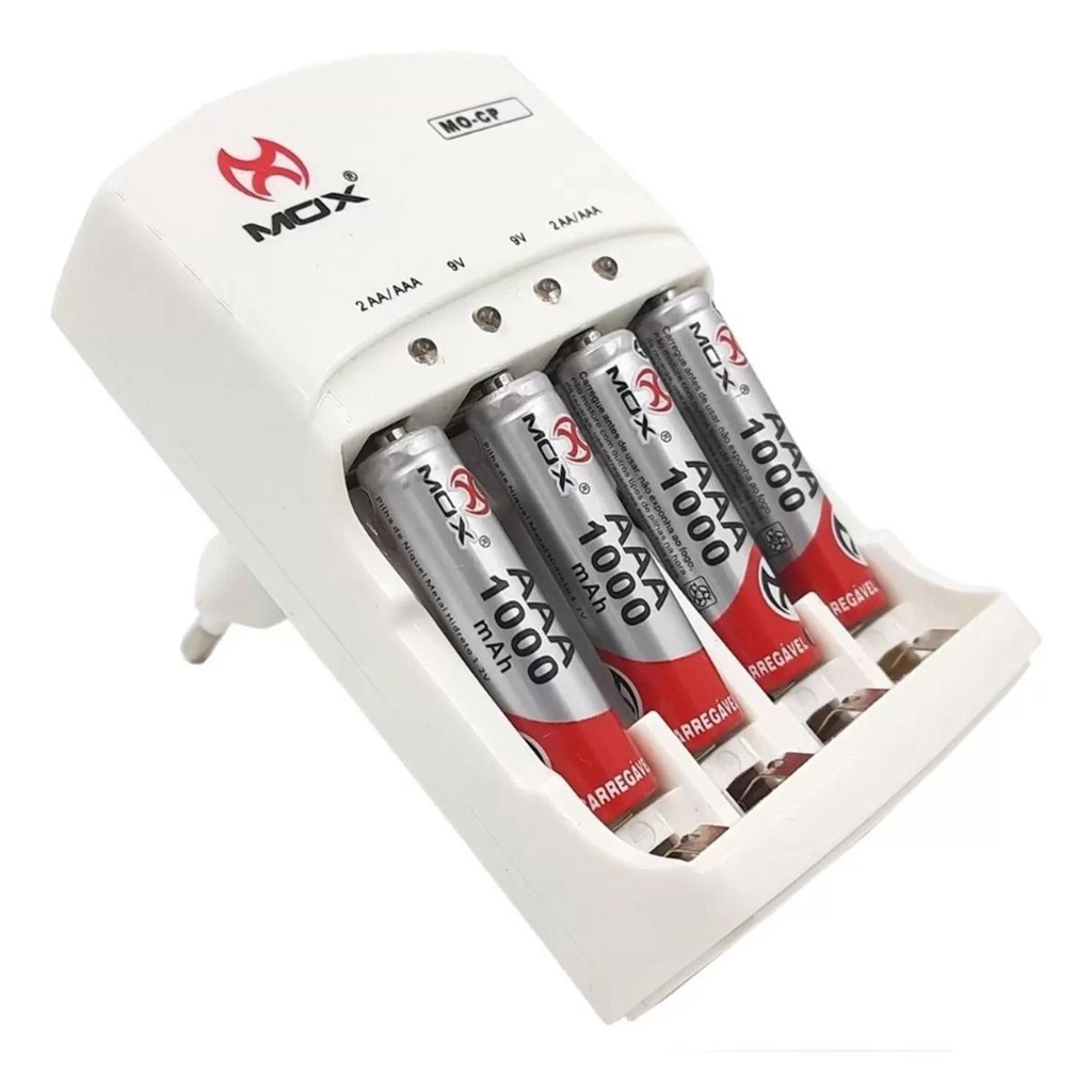 Carregador de pilhas e bateria 9V + 4 Pilhas AAA Palito Recarregável ...