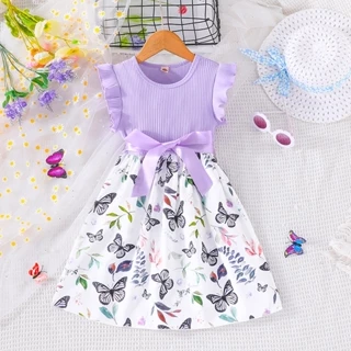 Vestido De Bebê Menina Crianças 3-7 anos Moda Verão Manga lindo Borboleta floral Vestidos Formais Com Cinto De Princesa Infantil