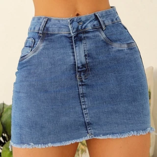Mini Saia jeans cintura alta com elastano Peg Vest lycra PEGVEST
