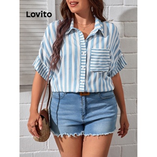 Lovito Plus Size Casual Blusa Feminina Listrada com Botão Frontal LBE05141 (Multicor)