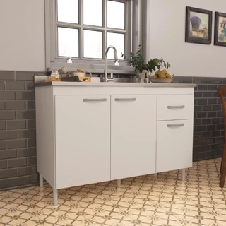 Balcão de Cozinha para Pia de 120cm Sem Tampo Suiça Fidelitá 3 Portas 1 Gaveta Branco