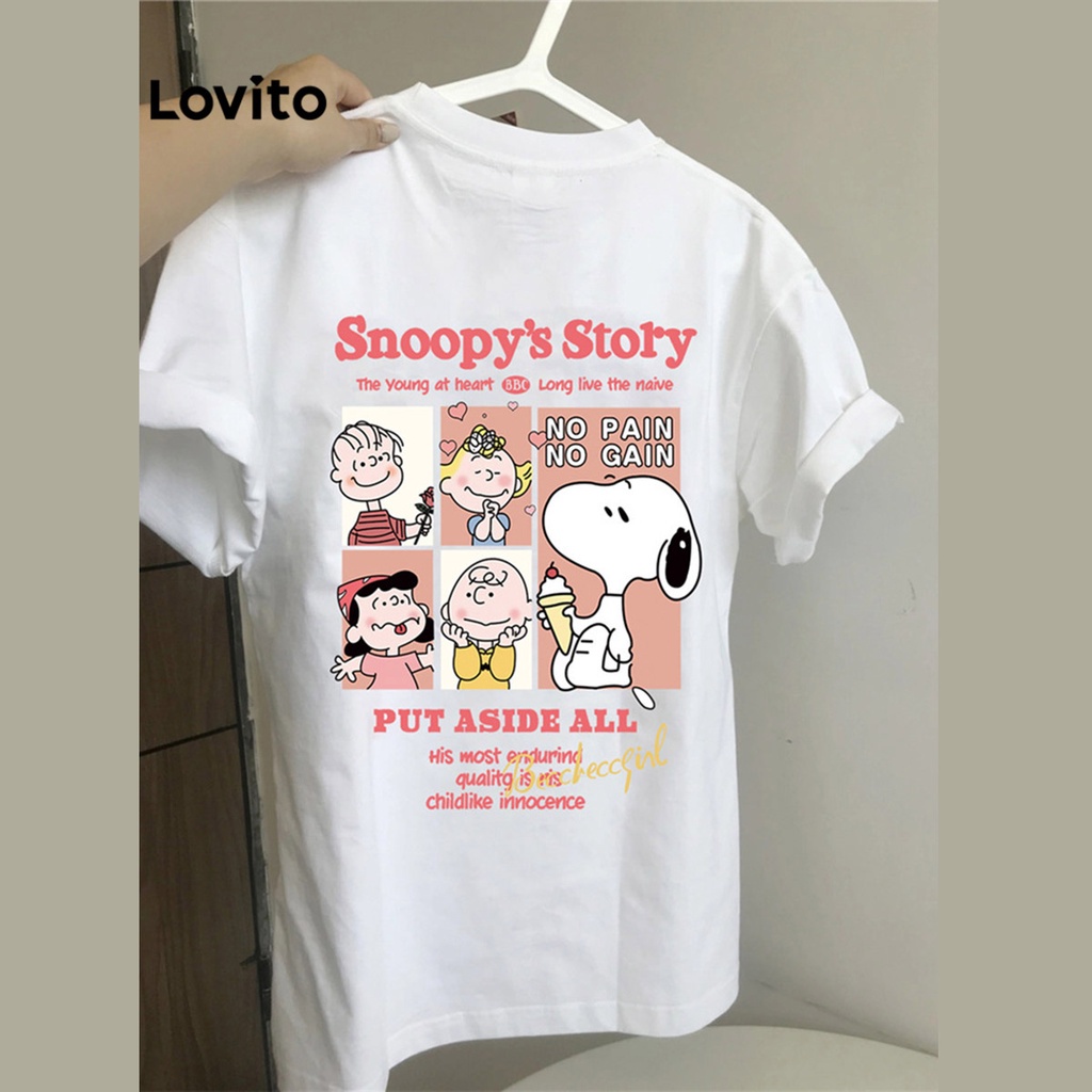 Lovito Camiseta De Desenho Animado Com Gola Redonda Simples Casual Para Mulheres Lne