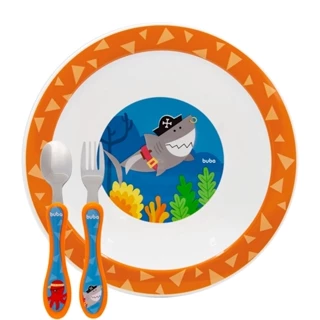 Conjunto Tigela Bowl Colher E Garfo Aventuras Pirata BLW Bebê Buba