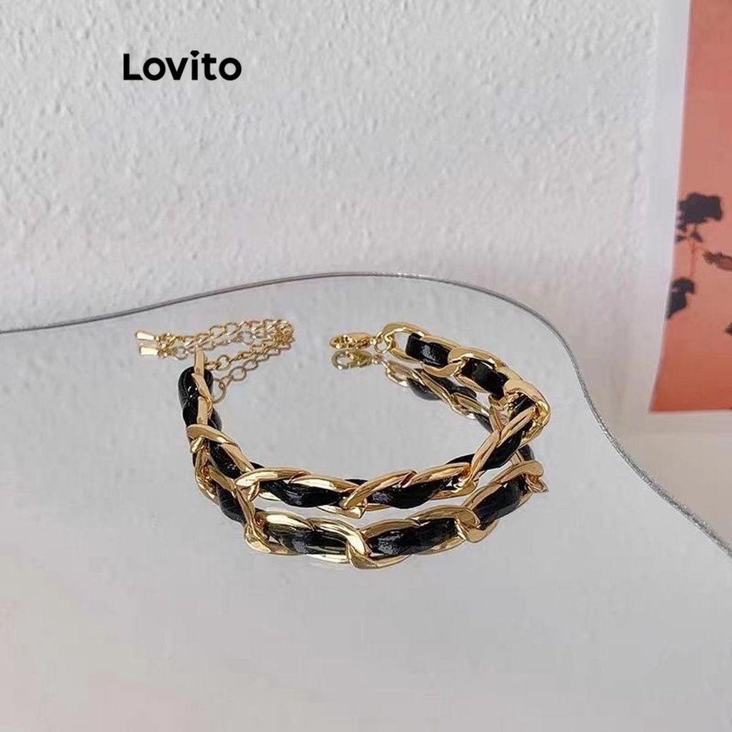 Lovito Pulseira Elegante De Trança De Pu Chique De Metal Liso Para Mulheres LFA09323