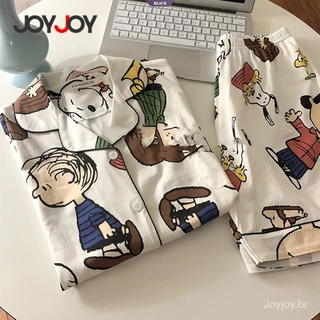 Anime dos desenhos animados Charlie Brown Print Conjunto de Pijamas Snoopy Mulheres Novo Verão INS Shorts de Manga Curta Estilo Coreano Outwear Padrão Estudante Kawaii [BL] 89HJ