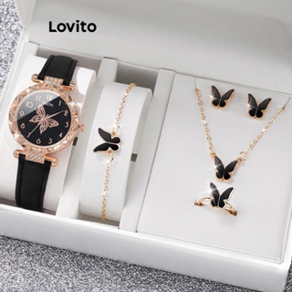 Lovito Conjuntos De Corrente Borboleta De Strass Liso Casual Conjunto De Presente Versátil Relógio De Quartzo Para Mulheres LCS05136