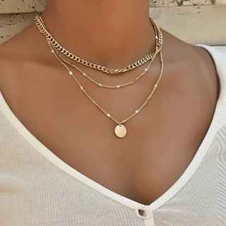 Europeu Americano Multi-Camada Pingente Colar Feminino Moda Jóias Única Moeda Ouro Corrente De Disco