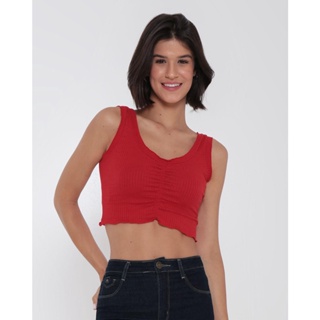 Regata Cropped Feminina Canelada Frufru Vermelha