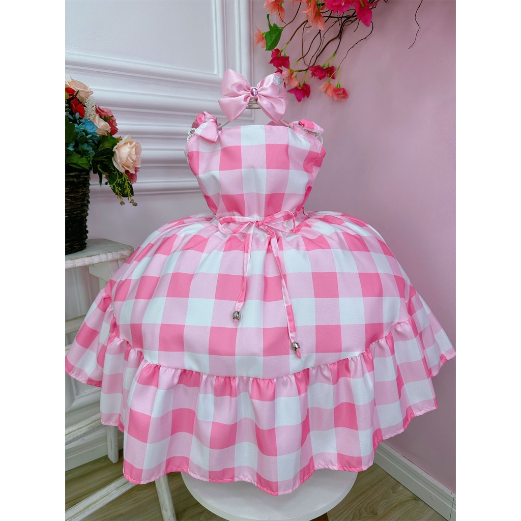 Vestido Barbie Filme xadrez branco e rosa com laço festa infantil  aniversário temático