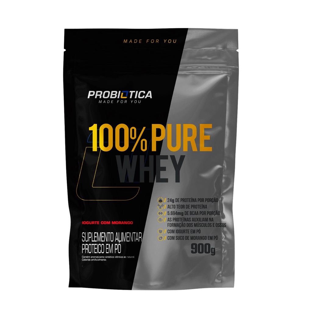 Whey Protein Refil Probiotica 100% Pure Whey 900g Sabor Iogurte Com Morango
