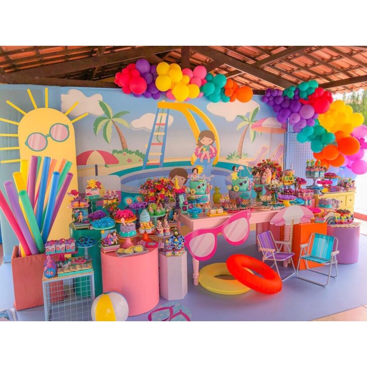 Kit Painel + Displays Festa Infantil Pool Party Minnie