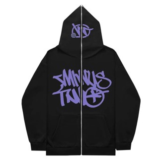 Menos Dois Y2K Hoodie Carta Gráfica Impressão Harajuku Hip Hop Capuz Preto Tamanho Grande Sweatshirt Homens Mulheres Casacos Góticos