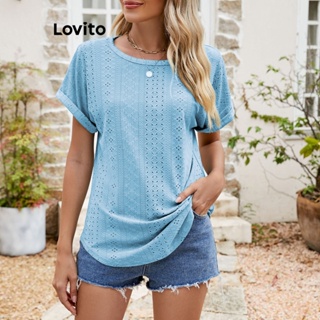 Lovito Camiseta Feminina Casual Com Bordado De Ilhós Liso LNE31124 (Rosa Claro/Branco/Azul/Preto)