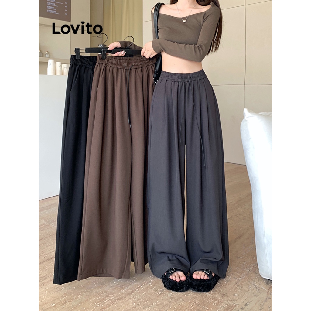 Lovito Casual Calça Feminina Lisa Drapeada LNA29023 (Cinza/Preto)