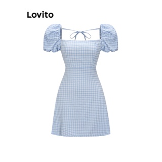 Lovito Vestido de Gola Quadrada com Amarração Mangas Bufantes e Estampa de Xadrez para Mulheres L55AD100 (Azul)