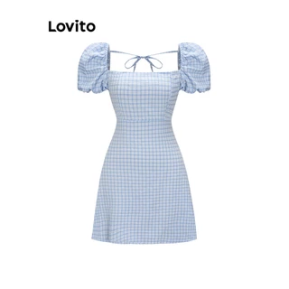 Lovito Vestido de Gola Quadrada com Amarração Mangas Bufantes e Estampa de Xadrez para Mulheres L55AD100 (Azul)