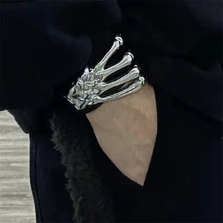 Pulseira Gótica Punk Skull Skeleton De Mão Para Mulheres Homens Pulseiras Articuladas Abertas De Halloween Festa