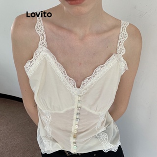 Lovito Regata Casual De Renda Com Botão Liso Para Mulheres LNE41245