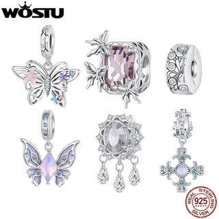 WOSTU 925 Prata Esterlina Colorida Borboleta Encanta Iris Cross Pendant Cristal Rosa Fit Pulseira Original Colar De Faça-Você-Mesmo