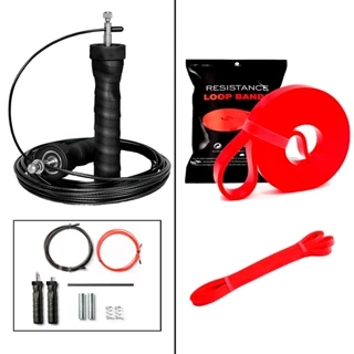 Kit Corda Profissional com Rolamento Cross Training Emborrachada + Elástico Super Band Vermelho Resistência Leve