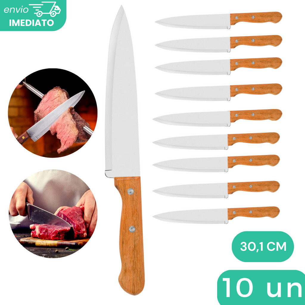 Kit 10 Faca De Cozinha Inox Profissional 7 Do Chef Cabo Madeira 30CM ...