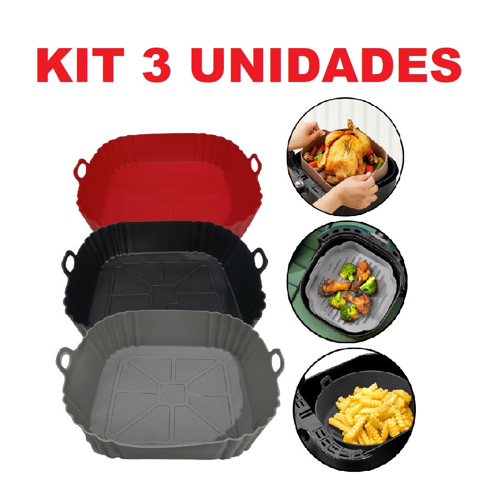 KIT 3 Forma De Silicone Para Air Fryer Forno Microondas Fritadeira Assadeira – Reutilizável Antiaderente Flexível
