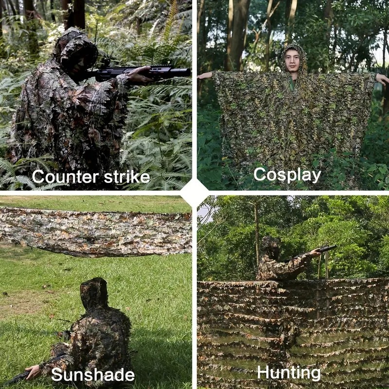 Tuta Ghillie 3D Mimetica - Poncho Leggero E Traspirante Per Caccia, Airsoft, Paintball