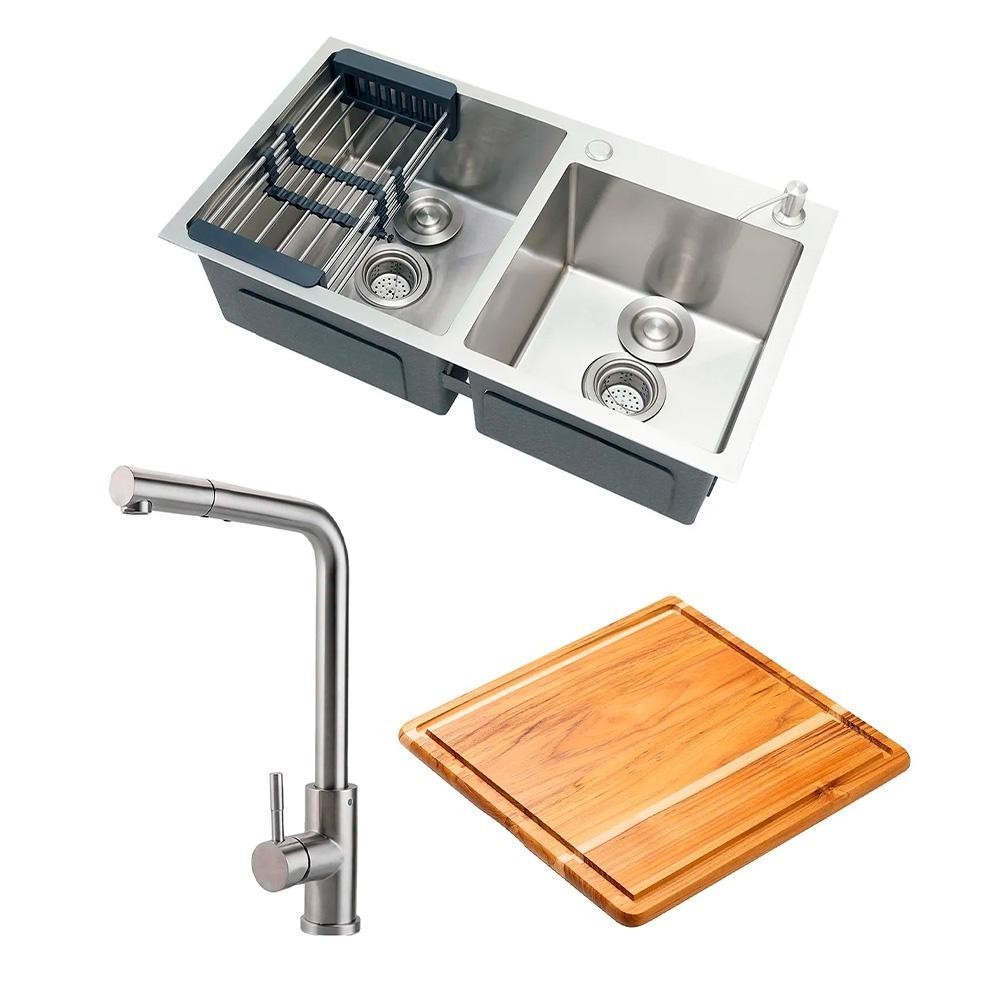 Cuba para Cozinha com Tábua de Corte Awá e Torneira Misturador Monocomando Extensível Gurupi Pingoo - Prata