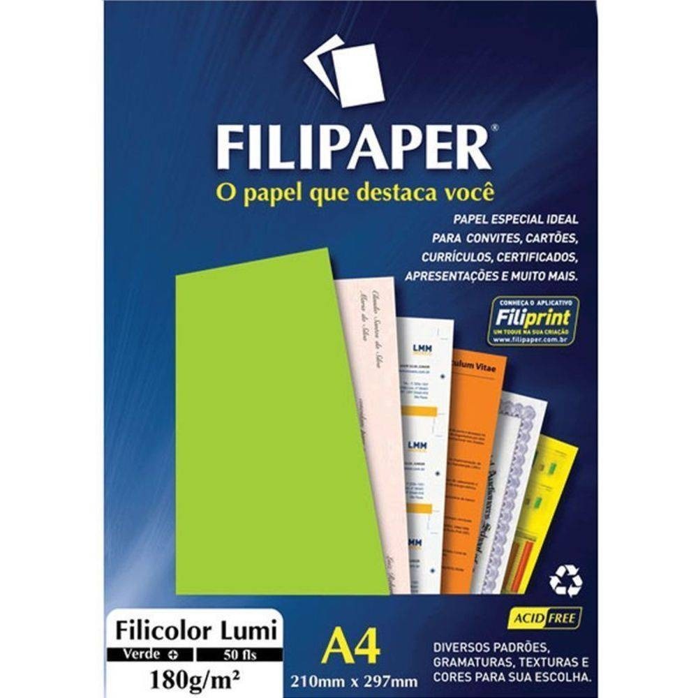 Papel Filicolor Lumi Verde Neon A4 180g/m² 50 Fls Filipaper