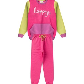 Conjunto Infantil Menina Moletom - Happy - Rosa