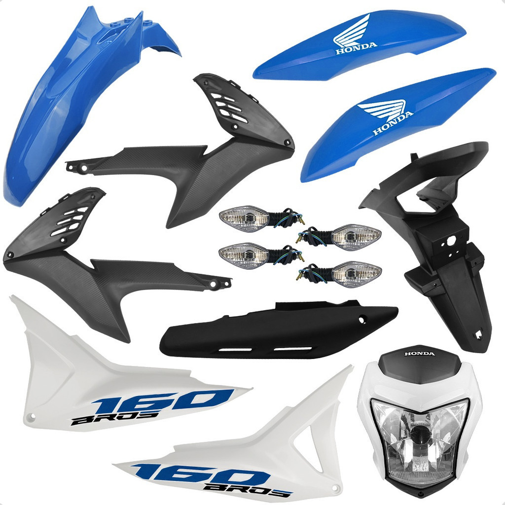 Kit Carenagem Honda Nxr Bros 160 2015 a 2021 Adesivada com Frente Completa Piscas + Complemento Aba do Tanque Suporte Placa Protetor de Escapamento