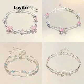 Lovito Romântico Pulseira Feminina de Zircônia com Strass Pingente de Lua Laço Flores Flor de Cerejeira para Dupla de Melhores Amigas LFA12539