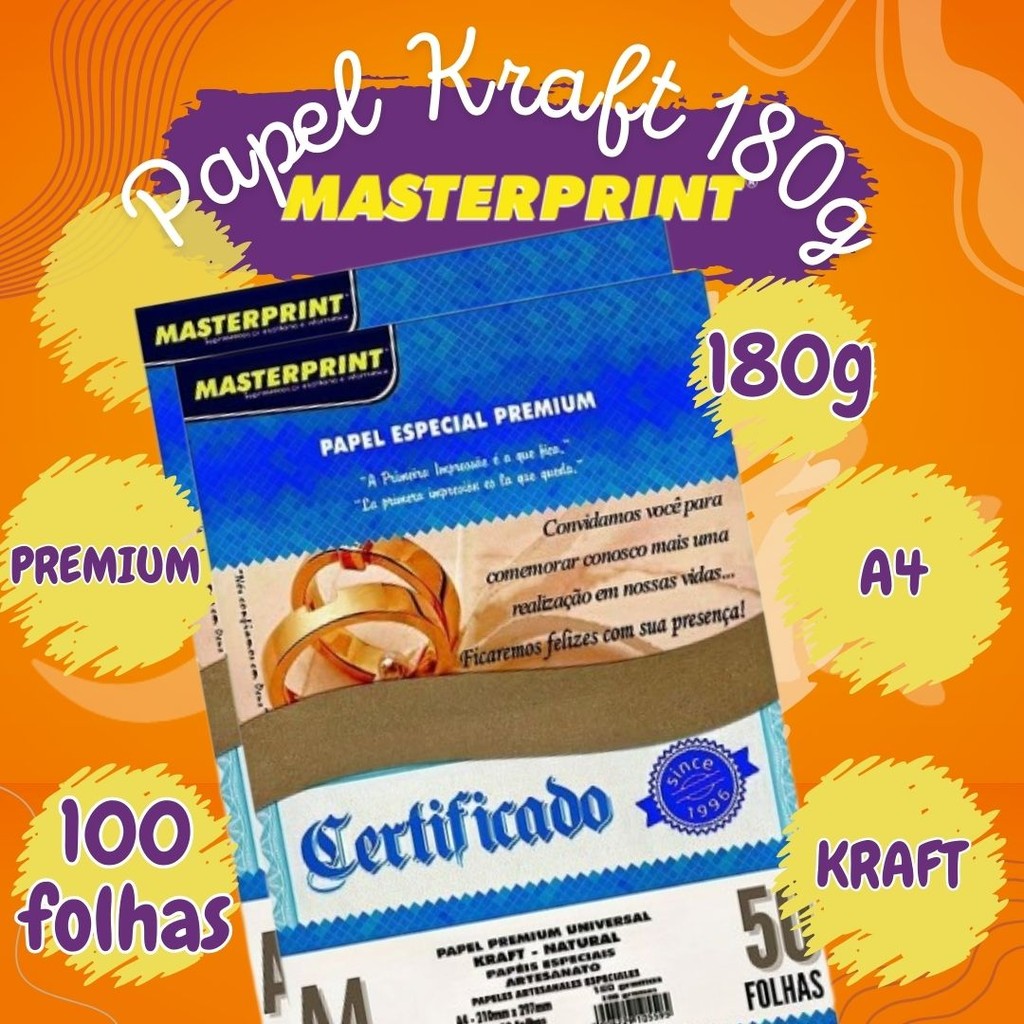 Kit 100 Folhas Papel Kraft 180g A4 Artesanato Premium Masterprint