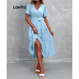 Lovito Vestido Boho Liso Com Renda Para Mulheres LNL34065 (Azul Claro/Rosa Choque/Verde/Preto)