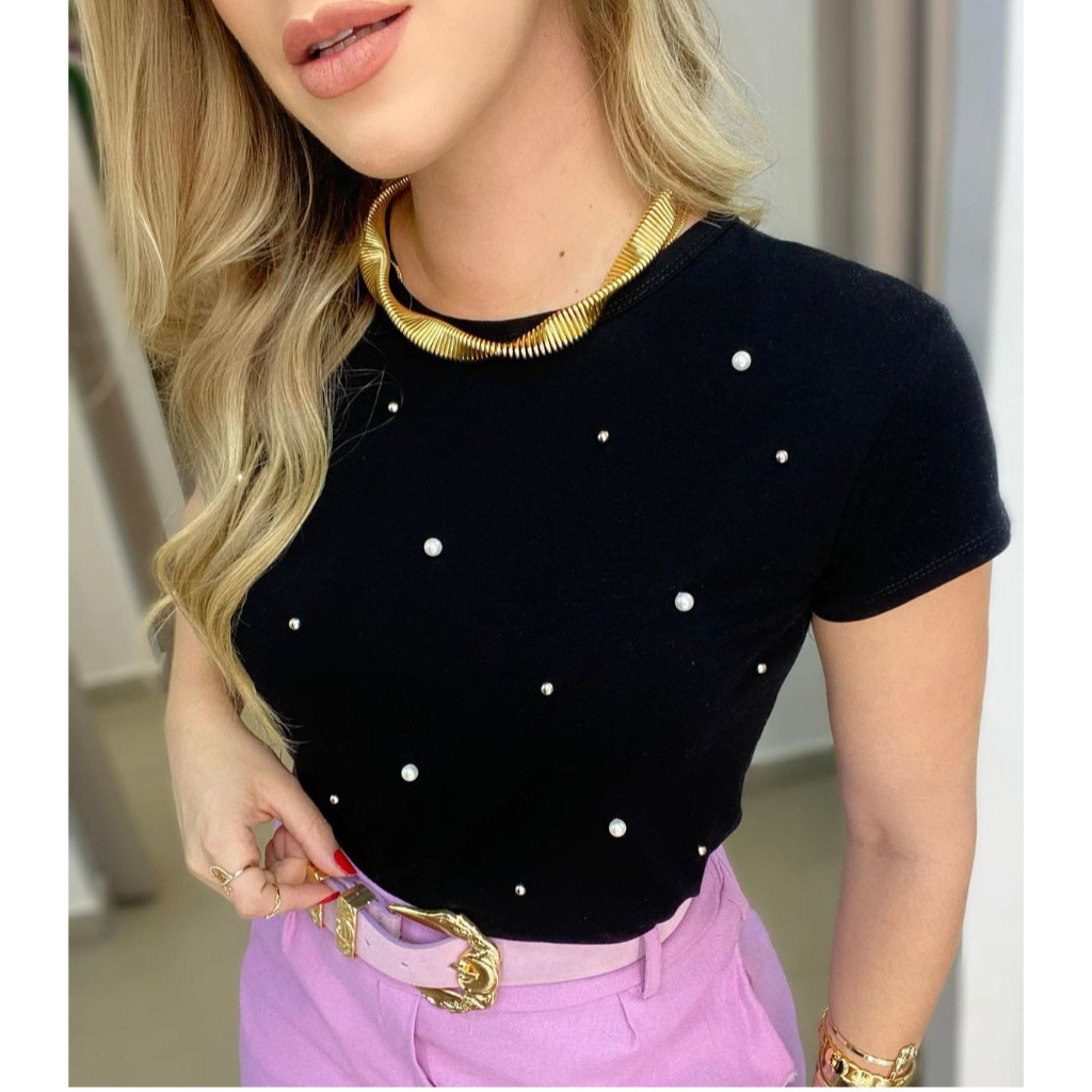 Kit 2 Blusinhas Perolas Viscolaycra Feminina Blusa Promoção Trabalho Escola