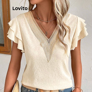 Lovito Casual Camiseta Feminina Simples com Tecido Costurado Babado de Camada Dupla LBL07041
